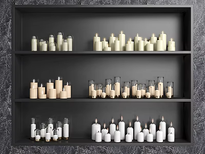 Black Shelf Display With Various White And Beige Candle Lamps In Different Sizes 3d model