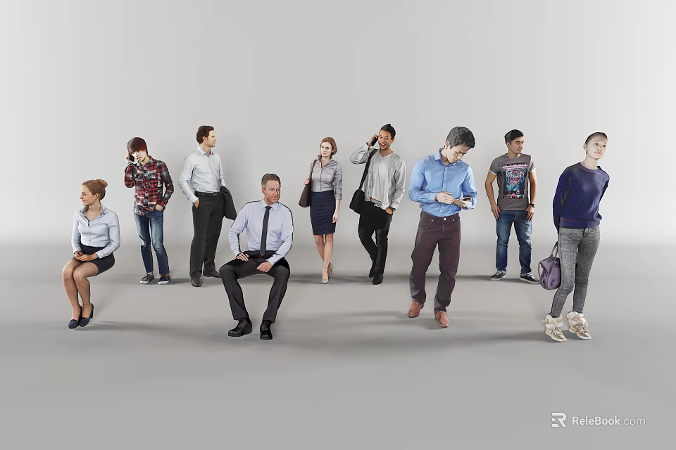 Diverse Group of People Standing and Sitting in Various Casual and Formal Attire 3d model 