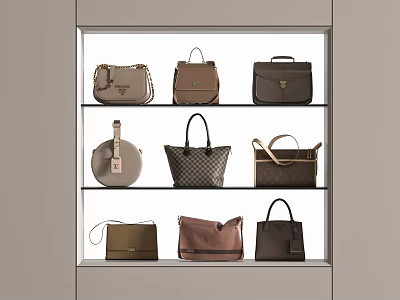 Various Stylish Designer Bags Displayed on Shelves in Retail Showcase With Different Colors And Styles 3d model