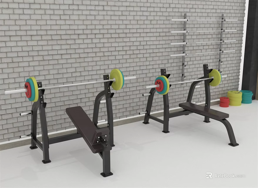 Fitness Equipment Bench Press Stations Barbells with Colored Weight Plates Brick Wall 3d model 