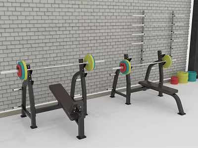 Fitness Equipment Bench Press Stations Barbells with Colored Weight Plates Brick Wall 3d model
