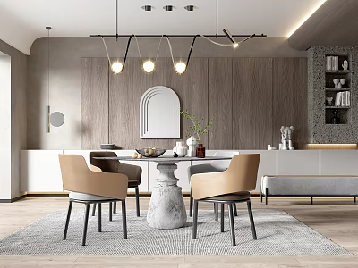 Modern Restaurant Interior Design With Dining Table Chairs Pendant Lights Decorative Mirror And Wooden Walls 3d model