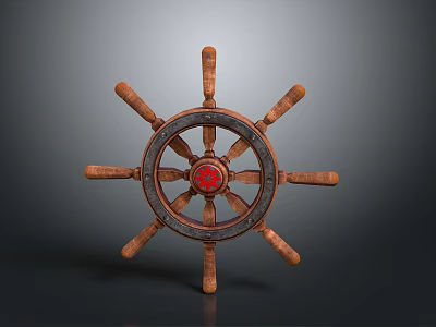 Classic Vintage Wooden Ship Wheel With Red Decorative Center And Spokes 3d model