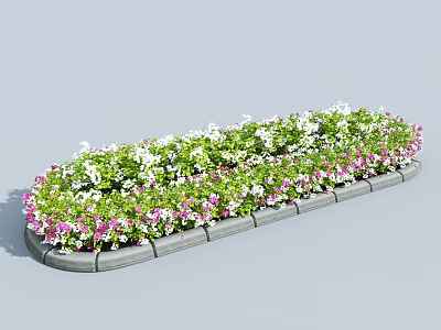 Potted Plants in Elongated Flower Bed with Greenery Pink White Flowers and Gray Brick Edges 3d model
