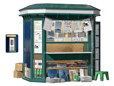 Green Newsstand Exterior With Newspapers Magazines Drinks Cardboard Boxes And Stool 3d model
