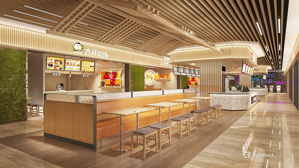 Warm Modern Shopping Mall Food Hall With Natural Wooden Decor And Comfortable Casual Dining Seats 3d model 