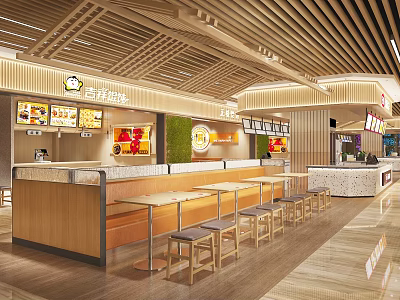 Warm Modern Shopping Mall Food Hall With Natural Wooden Decor And Comfortable Casual Dining Seats 3d model