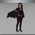 Female Character Standing In Dark Tight Suit With Red Accents And Black Cape