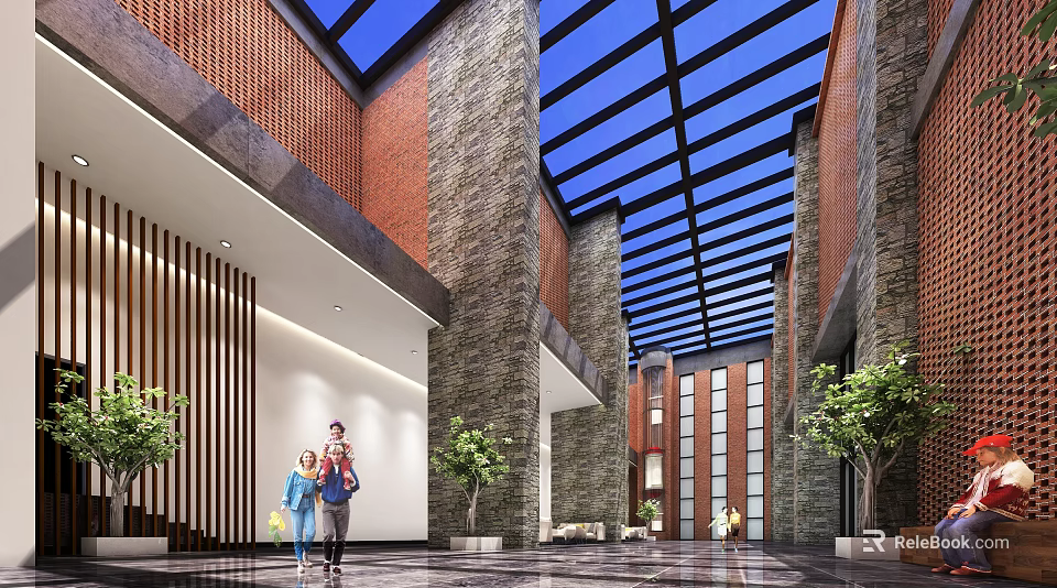 Spacious Hall Interior With Glass Roof High Ceiling Red Brick Walls And Green Plants 3d model 