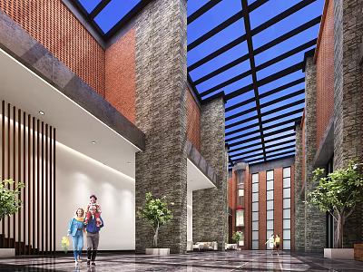 Spacious Hall Interior With Glass Roof High Ceiling Red Brick Walls And Green Plants 3d model