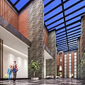 Spacious Hall Interior With Glass Roof High Ceiling Red Brick Walls And Green Plants