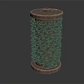 Wooden Cylinder With Top And Base Wrapped In Intertwined Metal Chain