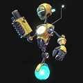 Yellow Black Robot Character With Mechanical Design Holding Large Weapon On Glowing Blue Sphere