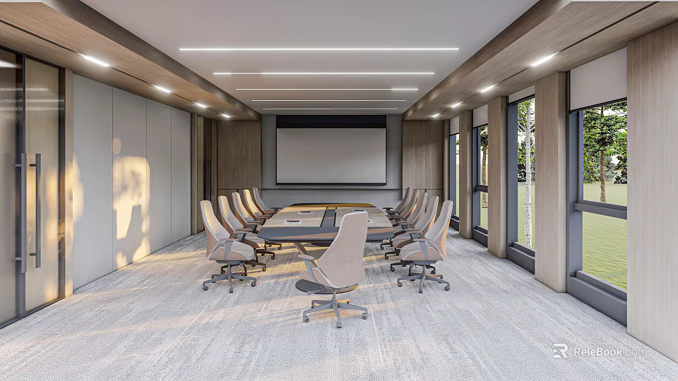Modern Conference Room Interior With Conference Table Ergonomic Chairs Projection Screen And Large Windows 3d model 