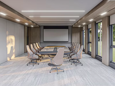 Modern Conference Room Interior With Conference Table Ergonomic Chairs Projection Screen And Large Windows 3d model