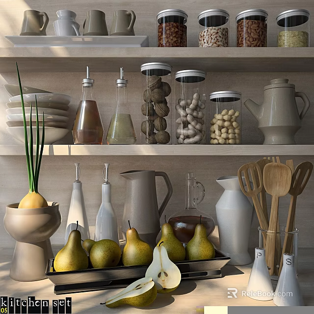 Wooden Kitchen Utensils And Teapot Organized On Shelves With Containers Bottles Fresh Pears 3d model 