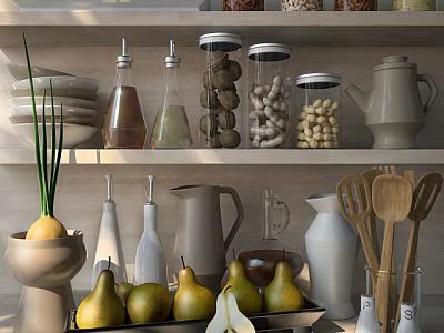 Wooden Kitchen Utensils And Teapot Organized On Shelves With Containers Bottles Fresh Pears 3d model