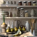 Wooden Kitchen Utensils And Teapot Organized On Shelves With Containers Bottles Fresh Pears