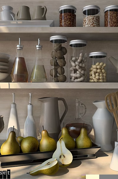 Wooden Kitchen Utensils And Teapot Organized On Shelves With Containers Bottles Fresh Pears 3d model