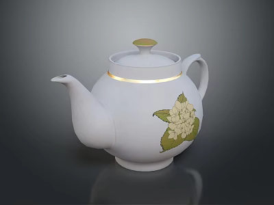 White Ceramic Teapot With Green Floral Pattern And Golden Trim Design 3d model