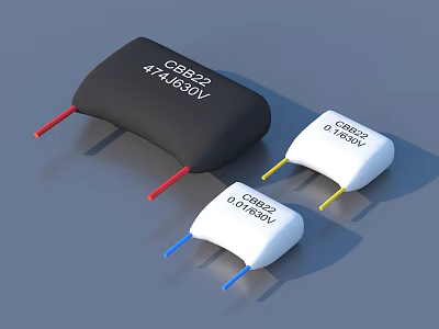 CBB22 400V Electronic Capacitors In Black White With Red Yellow Blue Pins 3d model