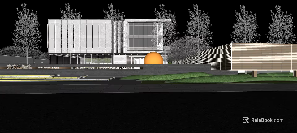Modern Sales Office Building Exterior Featuring Glass Curtain Wall Landscaping And Orange Feature Sphere 3d model 