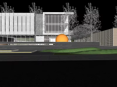 Modern Sales Office Building Exterior Featuring Glass Curtain Wall Landscaping And Orange Feature Sphere 3d model