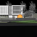 Modern Sales Office Building Exterior Featuring Glass Curtain Wall Landscaping And Orange Feature Sphere