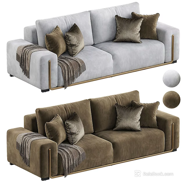 Light Gray And Dark Brown Two Seater Sofa With Golden Armrests Pillows And Blankets 3d model 