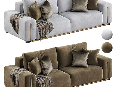Light Gray And Dark Brown Two Seater Sofa With Golden Armrests Pillows And Blankets 3d model