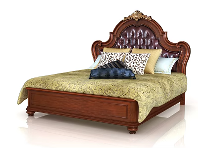 Classic Double Bed With Wooden Headboard Leather Upholstery And Yellow Patterned Bedspread Decorative Pillows 3d model