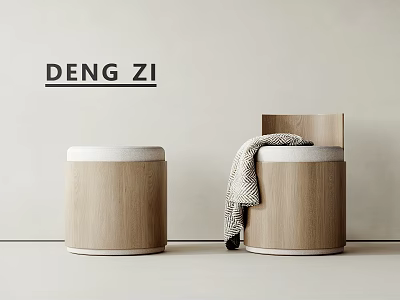 Minimalist Wooden Stools With White Round Tops And a Patterned Blanket Indoors 3d model
