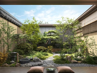 Traditional Japanese Garden Courtyard With Stone Path Green Trees And Wooden Lantern 3d model