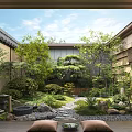 Traditional Japanese Garden Courtyard With Stone Path Green Trees And Wooden Lantern