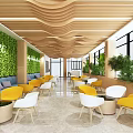 Hotel Public Lounge Interior With Wooden Wavy Ceiling Green Living Wall And Yellow White Chairs
