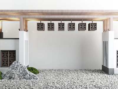 Traditional Chinese Entrance Gate With Carved Wooden Panels Stone Pebbles And Rockery 3d model
