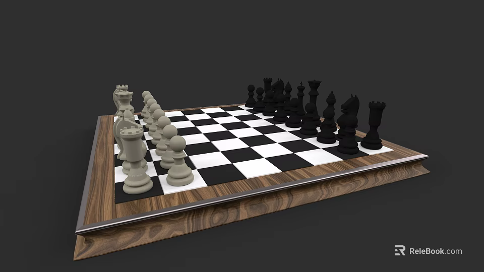 Detailed Chessboard With Black And White Pieces On Wooden Base 3d model 