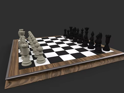 Detailed Chessboard With Black And White Pieces On Wooden Base 3d model