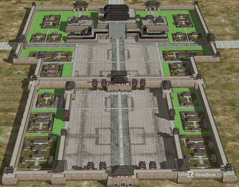 Ancient Architecture Complex With Symmetrical Layout Stone Pathways And Green Courtyards 3d model