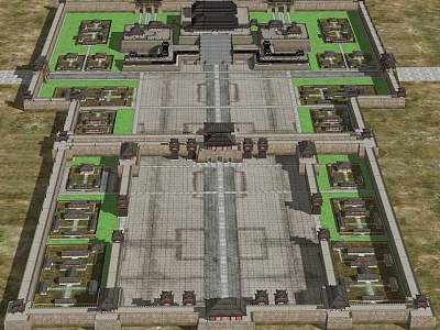 Ancient Architecture Complex With Symmetrical Layout Stone Pathways And Green Courtyards 3d model