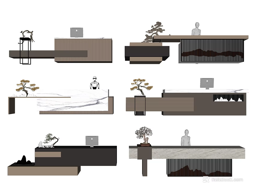 Modern Minimalist Reception Desk Design With Wooden Elements And Natural Plant Decorations 3d model 