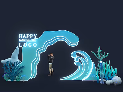 Happy Game Time Logo Scene With Blue Wave Decoration Coral Shells And Person Taking 3d model