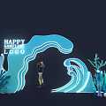 Happy Game Time Logo Scene With Blue Wave Decoration Coral Shells And Person Taking