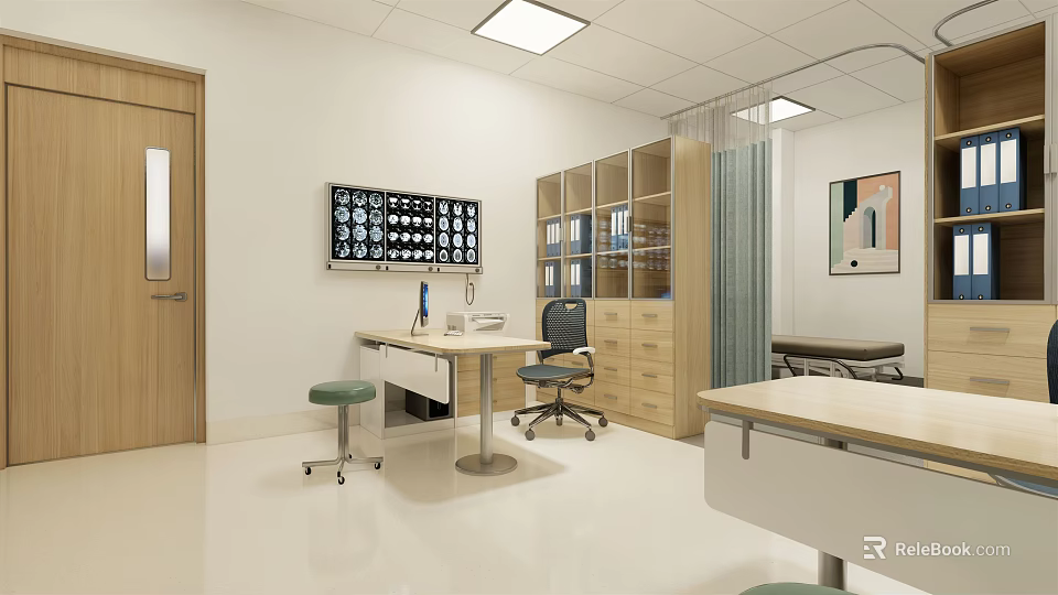 Medical Examination Room Featuring Wooden Door White Walls Ceiling Lights Medical Image Display And Tables 3d model 