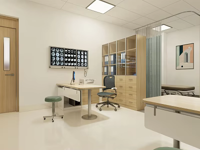 Medical Examination Room Featuring Wooden Door White Walls Ceiling Lights Medical Image Display And Tables 3d model