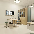 Medical Examination Room Featuring Wooden Door White Walls Ceiling Lights Medical Image Display And Tables