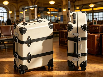 Vintage Cream Colored Suitcases With Black Straps Metal Buckles Telescopic Handle And Wheels 3d model