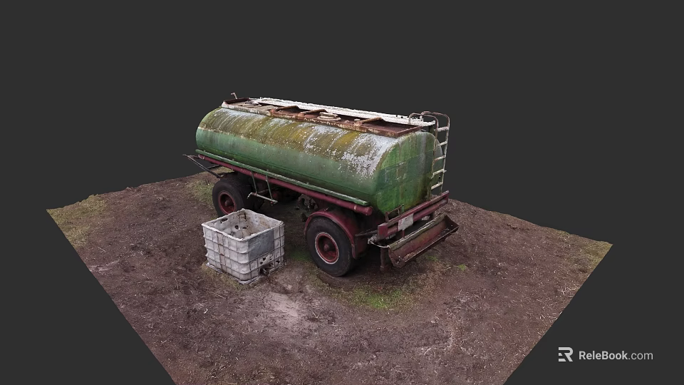 Green Rusty Tanker Truck Parked On Dirt Ground With White Plastic Crate 3d model 