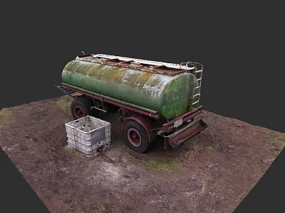 Green Rusty Tanker Truck Parked On Dirt Ground With White Plastic Crate 3d model