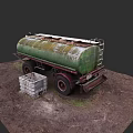 Green Rusty Tanker Truck Parked On Dirt Ground With White Plastic Crate